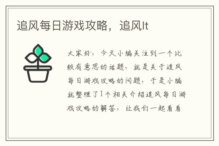 追风每日游戏攻略，追风lt