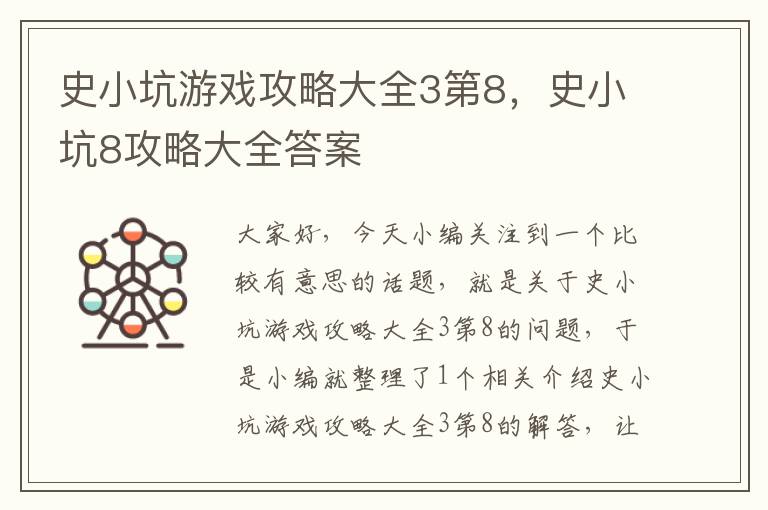 史小坑游戏攻略大全3第8，史小坑8攻略大全答案