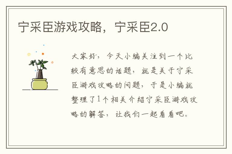 宁采臣游戏攻略，宁采臣2.0