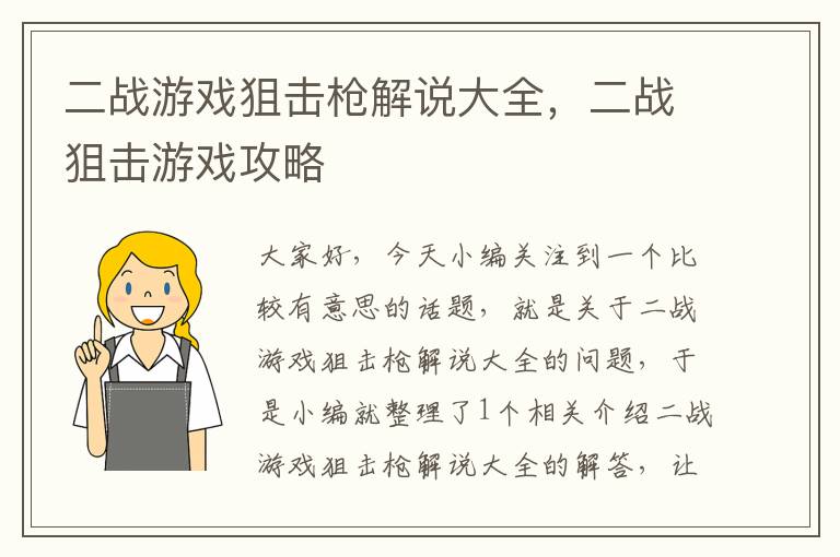 二战游戏狙击枪解说大全，二战狙击游戏攻略