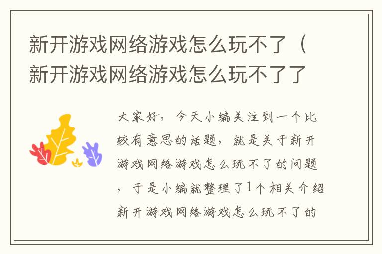 新开游戏网络游戏怎么玩不了（新开游戏网络游戏怎么玩不了了呢）