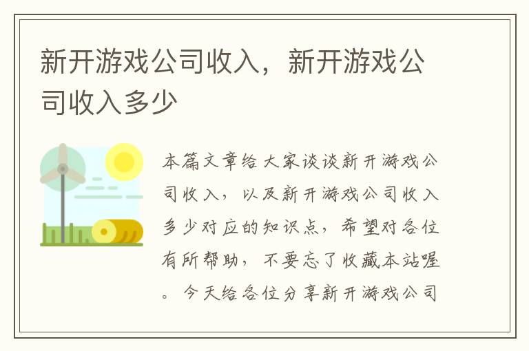 新开游戏公司收入，新开游戏公司收入多少