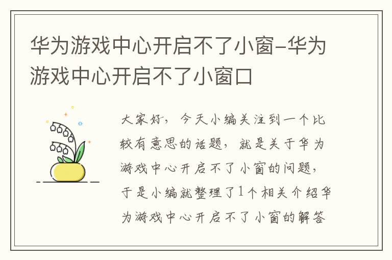 华为游戏中心开启不了小窗-华为游戏中心开启不了小窗口